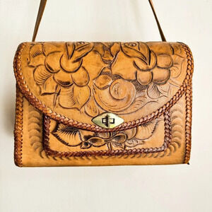 Vintage Leather HandTooled Large Floral  Motif Shoulder Bag